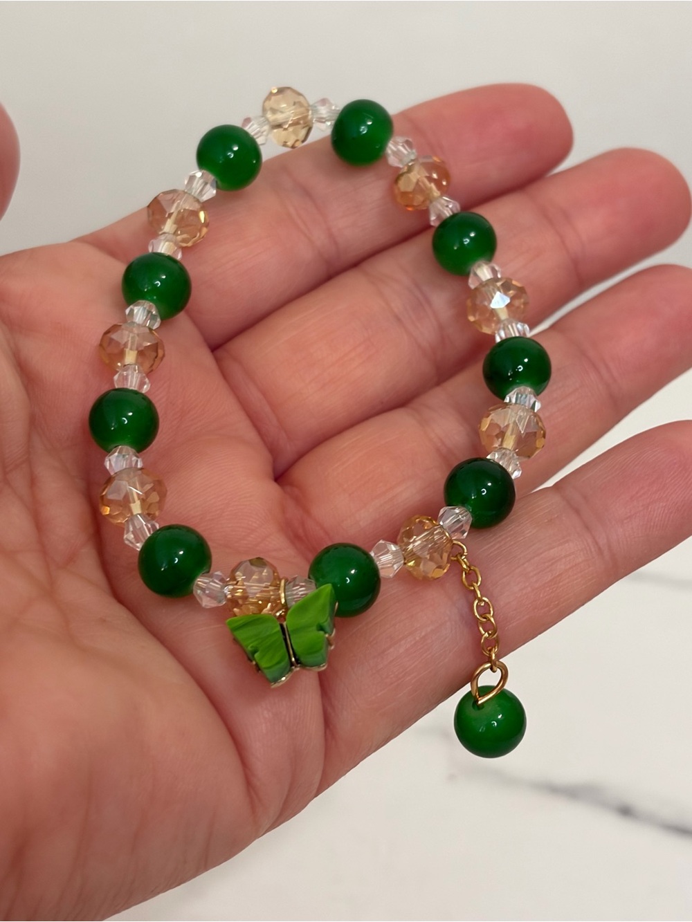 Green Jade and Glass Butterfly Bracelet - Picture 4 of 5